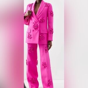 Hot Pink Floral Appliqué Blazer & Trousers Set
